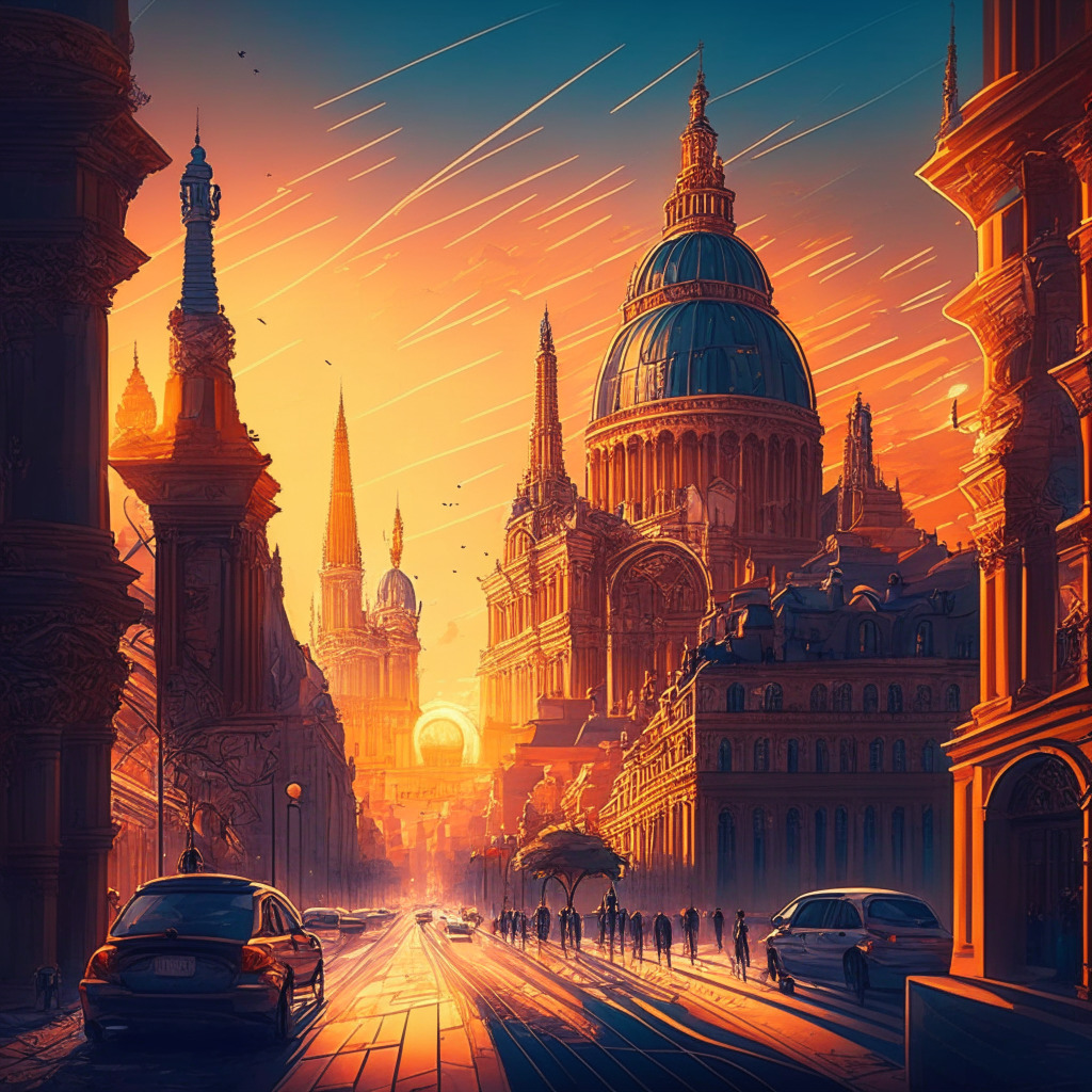 Intricate European cityscape with crypto elements, Renaissance artistic style, warm sunset lighting, sense of innovation & regulation, mood of collaboration. Features French-inspired architecture, abstract crypto exchange platforms, diverse stakeholders discussing, signed licenses & fast-track lane.