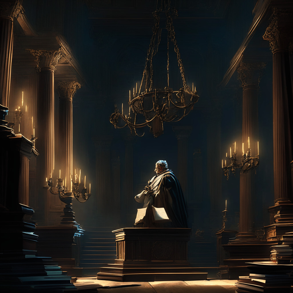 Imposing court chamber with high ceilings, detailed in Baroque style. A stone-faced judge in robes, surrounded by ancient law books, scrutinizing piles of complex legal documents under the luminous glow of a Victorian-style desk lamp, casting a solemn, mysterious mood. Scene includes metaphoric scales of justice subtly tilting, representing the critical balance of power between large scale crypto exchanges and the regulating authority.