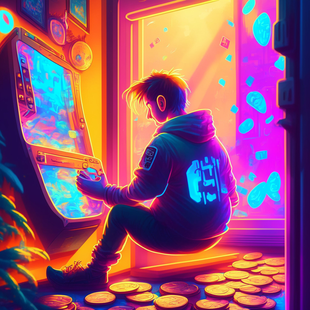 Gamer immersed in vibrant mobile game, neon arcade-inspired art style, warm sunlight filtering through a window, coins symbolizing crypto rewards, engaging atmosphere, joyful mood, seamless crypto exchange progress, visually appealing game interface, bridging gaming & crypto communities, innovative concept.