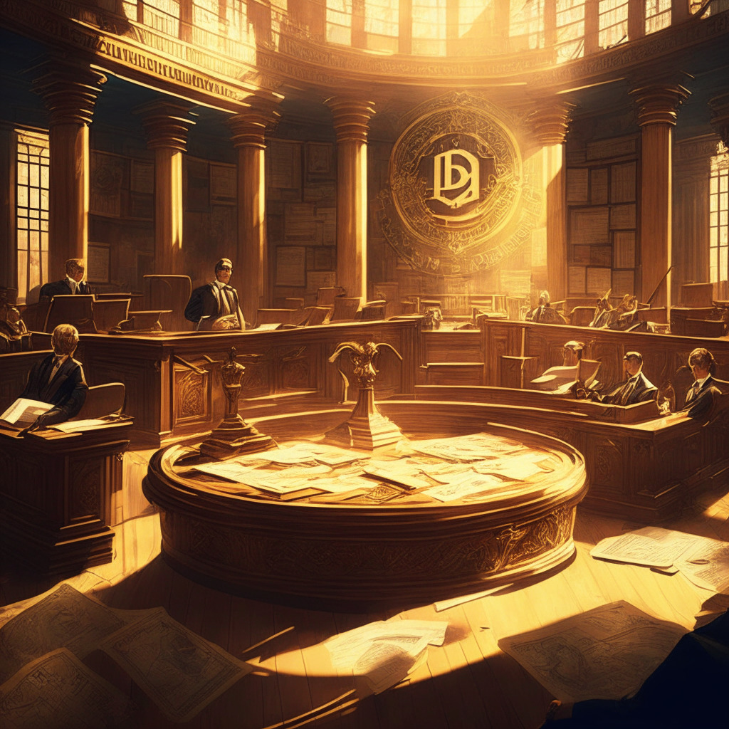 Intricate courtroom with SEC and Binance representatives, warm golden light, baroque artistic style, tense atmosphere, pile of legal documents on a wooden table, cryptocurrency symbols in the background, balance scale representing regulation and innovation, subtle expression of disagreement on faces.