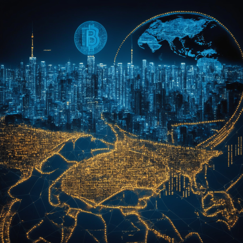 Eastward migration of Bitcoin: Nighttime city skyline of Hong Kong, US, and Europe, diverse currency symbols, dimly lit urban environment, blue and gold hues, a mysterious and futuristic mood, digital world map, crypto technology elements, sense of geopolitical tension, empowering Asia's blockchain dominance, a hopeful plea for legislative innovation.