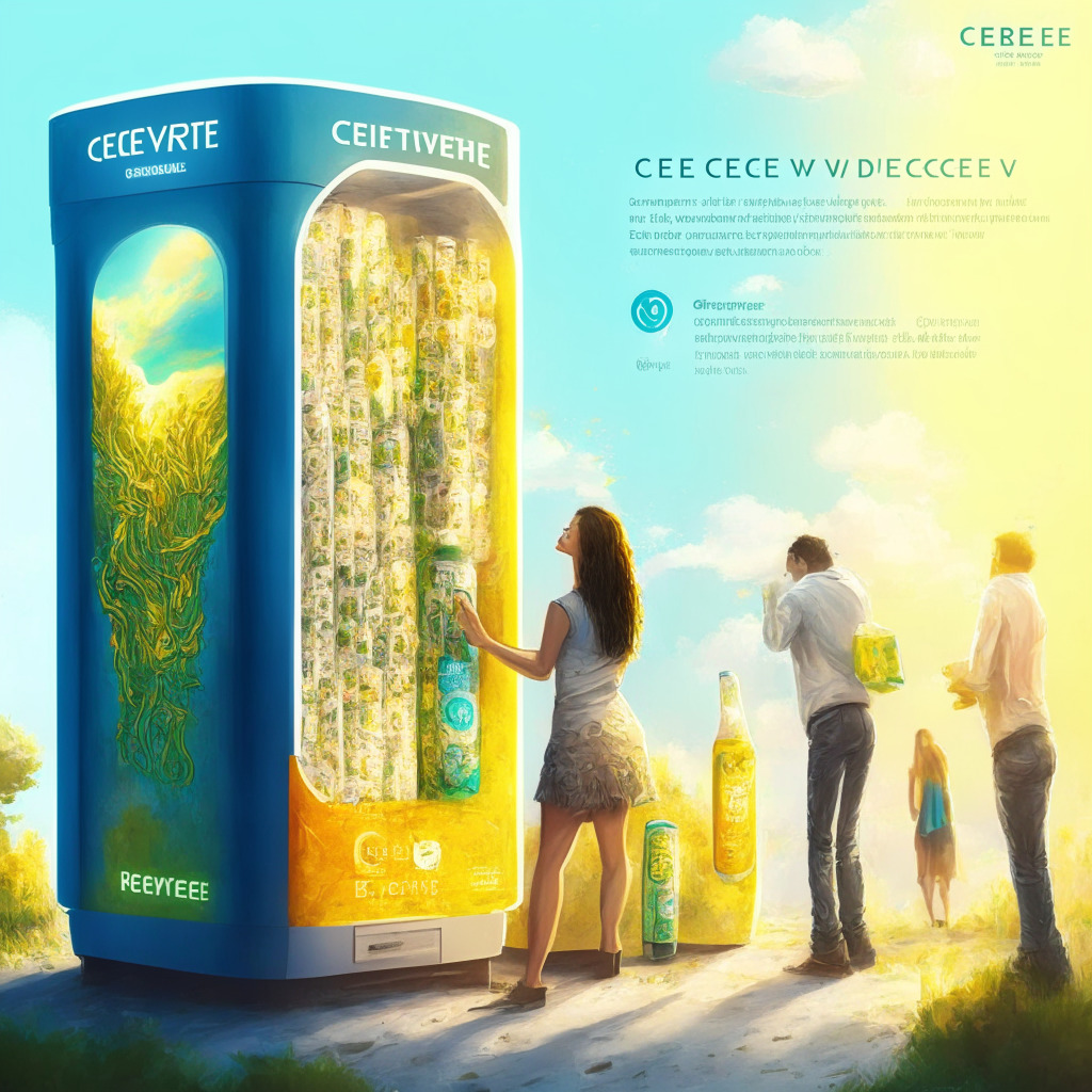 Eco-friendly crypto concept, web3 Recycle-to-Earn platform, diverse recycling & carbon offset elements, warm and impactful sunlight, impressionist painting style, hopeful mood, people scanning & recycling bottles at Reverse Vending Machines, background hints of major brand partnerships, global adoption visualization.