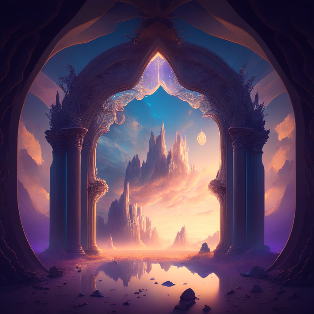 Mysterious DeFi landscape, Ethereum mainnet, innovative restaking solution, radiant light, baroque art style, hopeful yet cautious mood, excitement of flexibility, potential risks and limitations, revolutionizing finance, ethereal setting.