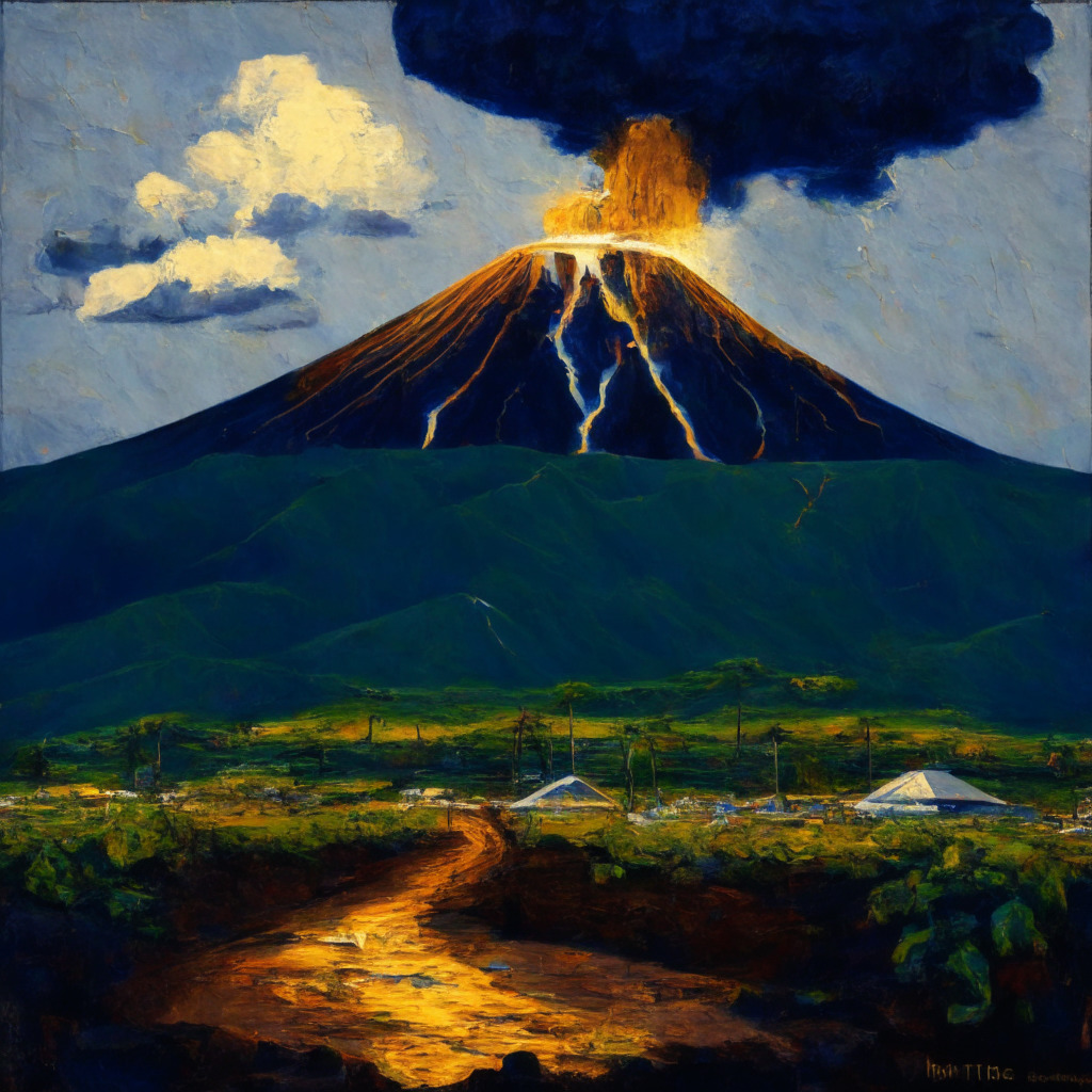 Volcano-inspired Bitcoin mine, El Salvador, 241 MW capacity, Metapán region, solar and wind energy fusion, 1.3 EH/s computing power, Salvadoran government involvement, renewable energy shift, potential geothermal future, golden-hour lighting, impressionist art style, ambivalent mood, uncertainty on sustainability, and growth.