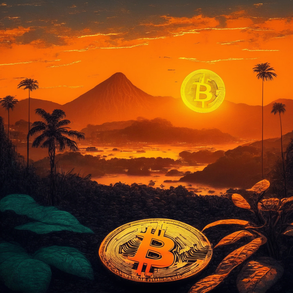 El Salvador adopting Bitcoin, vibrant crypto ecosystem, Central American landscape, sunrise symbolizing new beginnings, warm orange hues, futuristic city blending with nature, citizens using digital wallets, Bitcoin as legal tender, hints of skepticism, shadows of environmental concerns, sense of cautious optimism, global influence, no brand-specific references.
