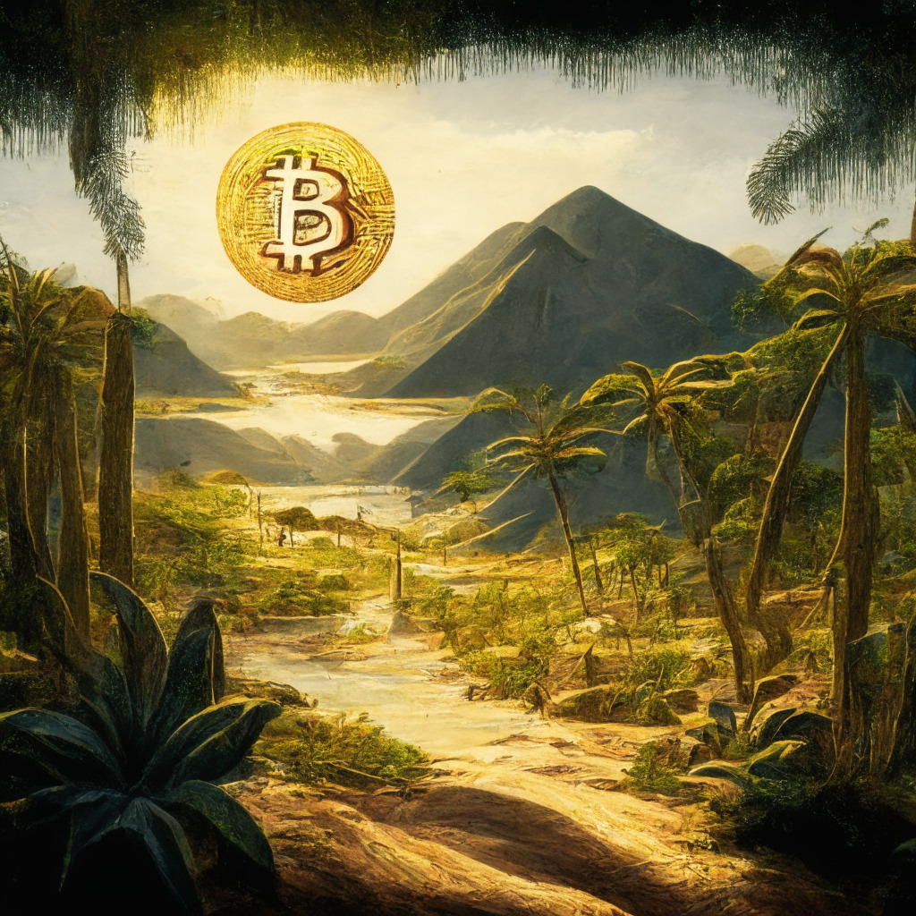 Intricate Central American landscape, Bitcoin symbol integrated within the scene, contrasting light and shadows representing excitement and skepticism, impressionist art style, dynamic elements suggesting potential impact on economic relations and security, overall mood of cautious optimism.