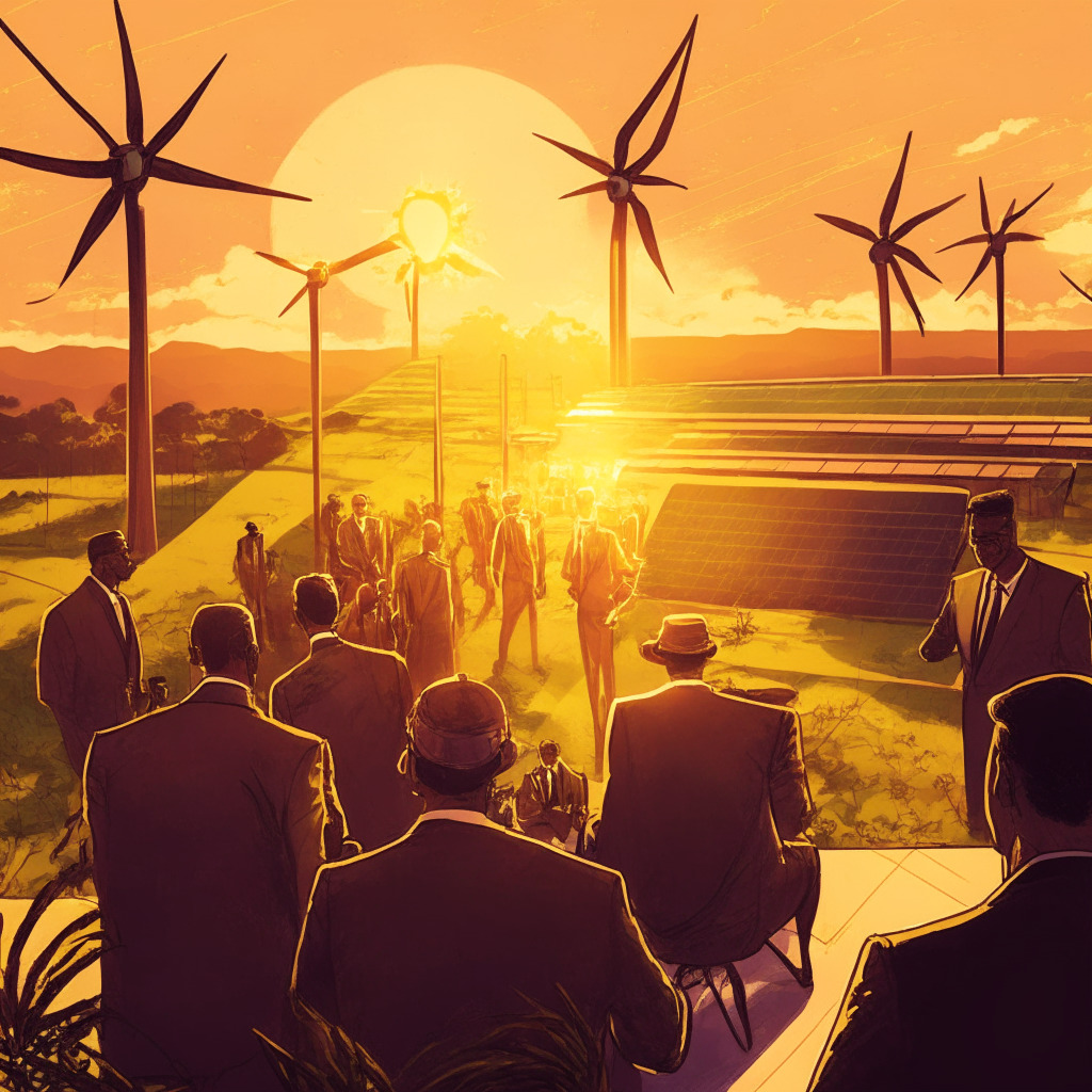 El Salvador's renewable energy park, golden sunlight glowing on vast solar panels and wind turbines, the warm hues of a setting sun, a group of investors discussing in the foreground, subtle Art Nouveau details, a mood of optimism and collaboration, energy lines powering gleaming Bitcoin mining operations, soft shadows with radiant highlights.
