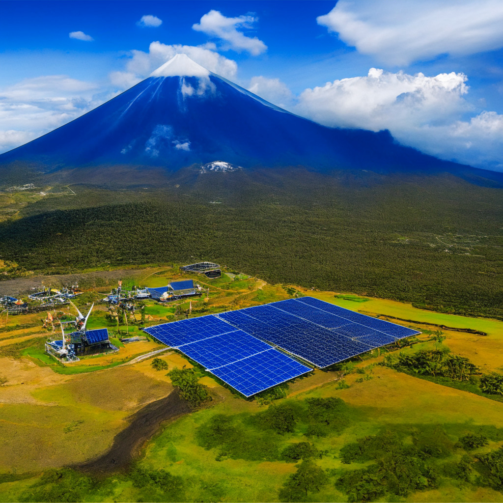 Volcano Energy's green BTC farm, solar & wind-powered mining in El Salvador, $250M investment, 241 MW generation capacity, 169MW solar energy, 72MW wind energy, 1.3 exahashes/sec computing power, top 20 mining pools, renewable energy focus, eco-friendly infrastructure, government involvement, innovative growth, atmospheric & dynamic scene, golden-hour lighting.