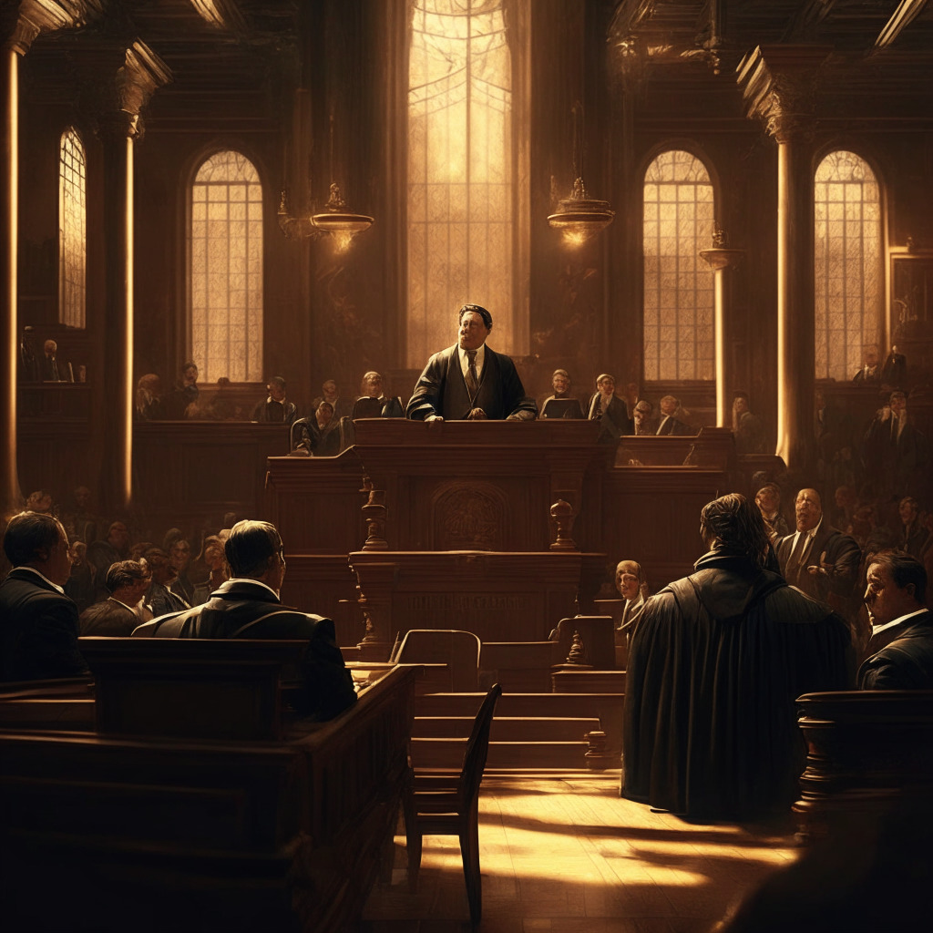 Intricate courtroom scene, Elon Musk, plaintiff, and judge, Renaissance style, golden-hour lighting, market manipulation theme, subtle Dogecoin references, tense and dramatic atmosphere, cryptocurrency undertone, contemporary twist.
