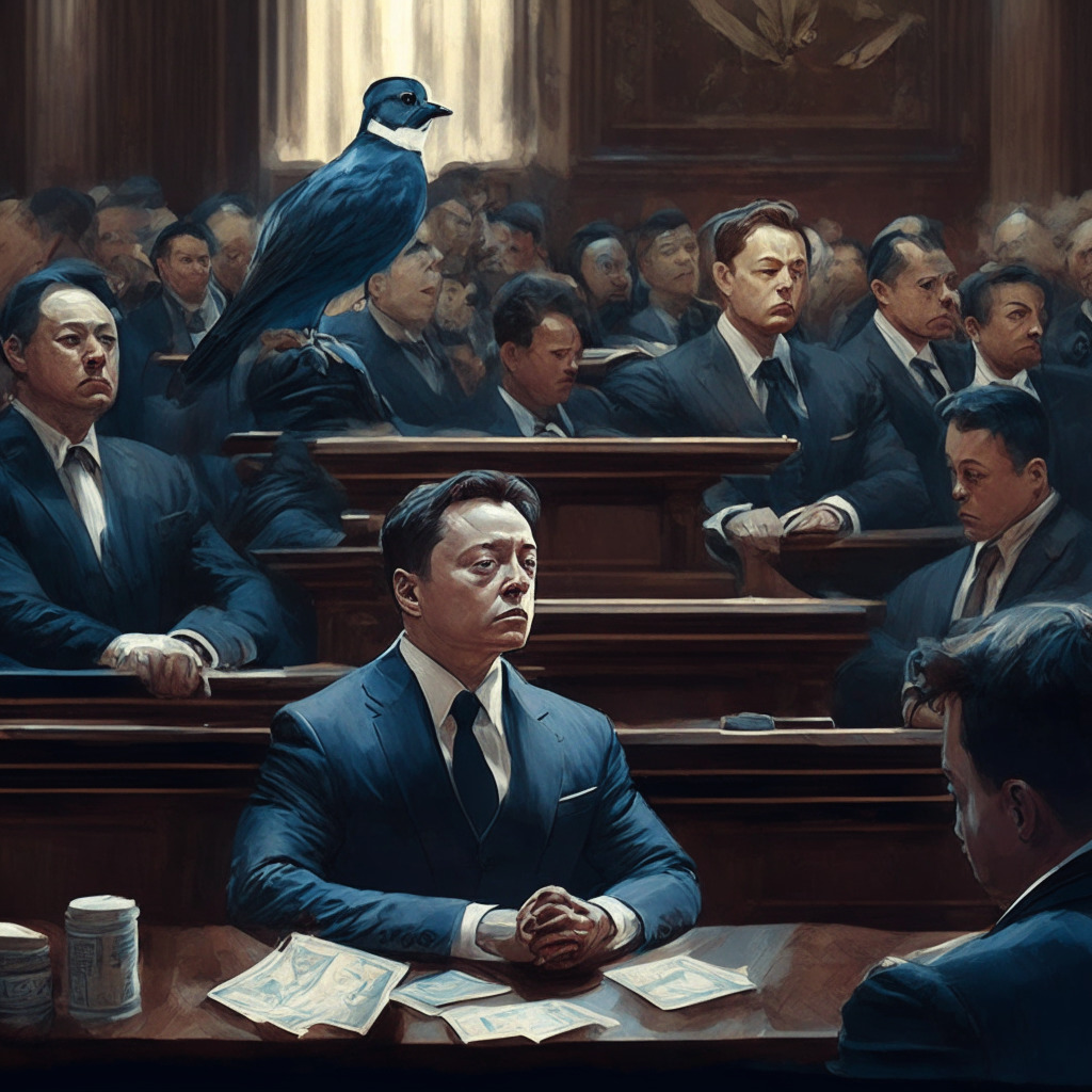 Intricate courtroom scene, balanced composition, chiaroscuro lighting, Baroque style, Elon Musk in focus, concerned expression, lawyers presenting evidence, Shiba Inu & blue bird, intense atmosphere, hint of skepticism, digital currency symbols, suggestive of insider trading dilemma, subtle indications of market manipulation, prevailing mood of tension.