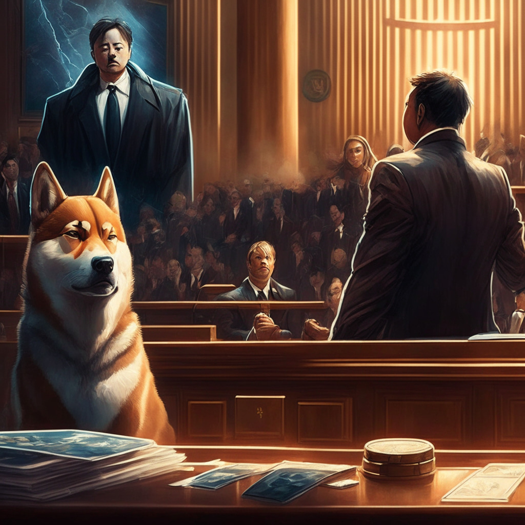 A courtroom drama, chiaroscuro lighting, Elon Musk and a Shiba Inu, contrasting emotions of confusion and clarity, futuristic art style, tension between truth and misconceptions, a sense of unfolding revelations, focus on Dogecoin wallets and cryptocurrency market intricacies.