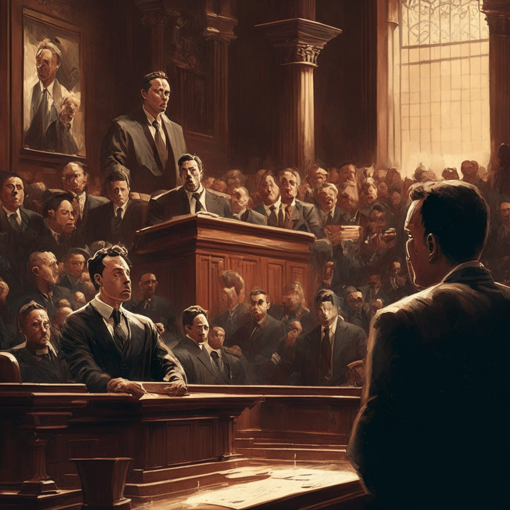 Intricate courtroom scene, tense atmosphere, chiaroscuro lighting, baroque art style, Elon Musk at witness stand, diverse observers in gallery, debate symbols (scales, gavel), hints of cryptocurrency (Dogecoin, Bitcoin), mood of anticipation and uncertainty.