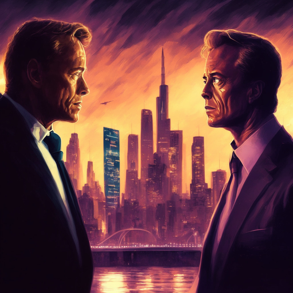 Crypto-politics collision scene, Elon Musk and RFK Jr. in futuristic debate, dusk city skyline backdrop, digital currencies and CBDCs hovering, impressionist art style, chiaroscuro lighting, mood of anticipation and curiosity, democratic and libertarian undertones. 350 characters