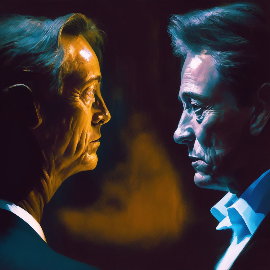 Elon Musk & RFK Jr. deep in conversation, AI & social media censorship, US dollar & Treasury bonds, subtle Democratic Party & China relations background, moody chiaroscuro lighting, intense facial expressions, contrasting colors, hint of digital elements, abstract futuristic elements, dynamic brushstrokes.