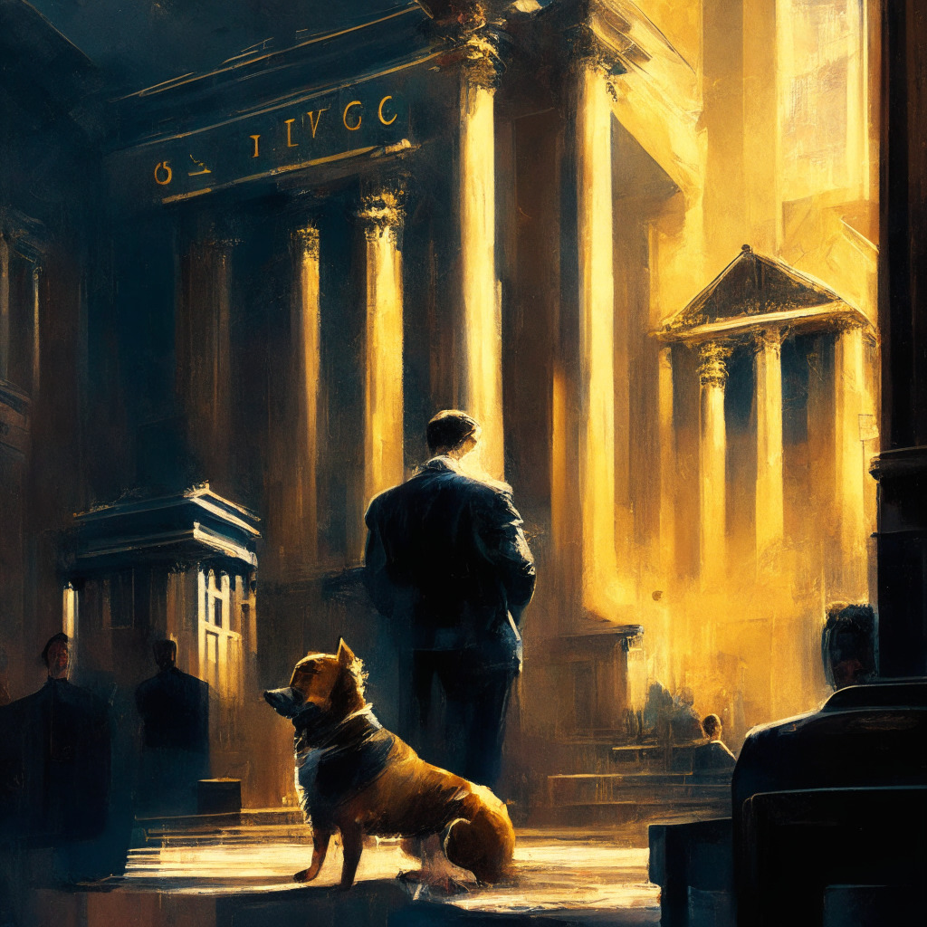 Mysterious courtroom drama, Musk holding DOGE, chaotic crypto market, imposing bank building, eerie urban shadows, vibrant currency symbols, blockchain elements, financial whirlwind, golden flakes, moody twilight hues, impressionist brushstrokes, energy-filled scene, tension and turmoil.