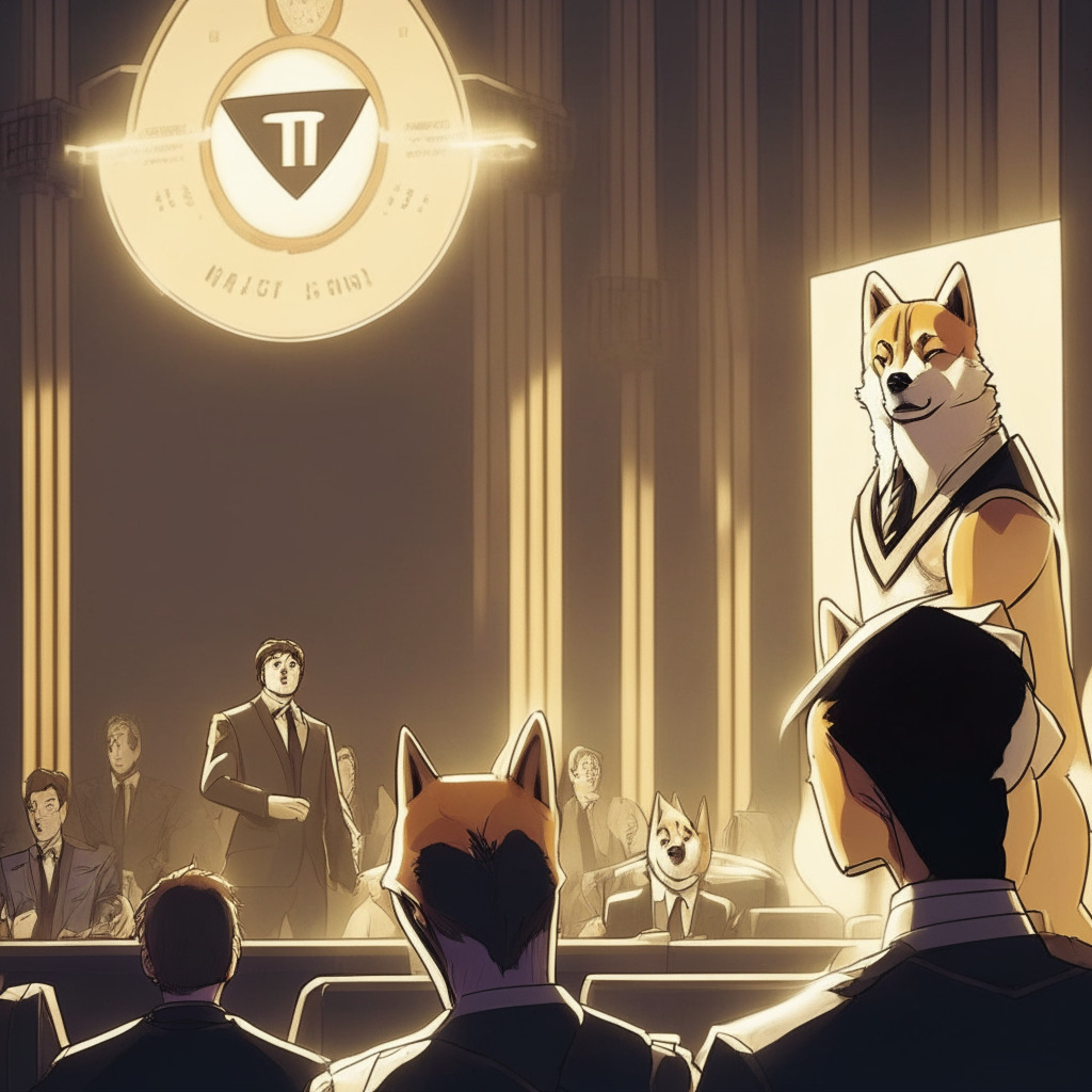 Futuristic courtroom scene, Elon Musk facing judge, Shiba Inu dog logo on a giant screen, soft light illuminating tribunal, mixed emotions on faces, comic book style, contrasting shadows, ambivalent mood, subtle hint of tension, a glimpse of Musk's unwavering love for Dogecoin.