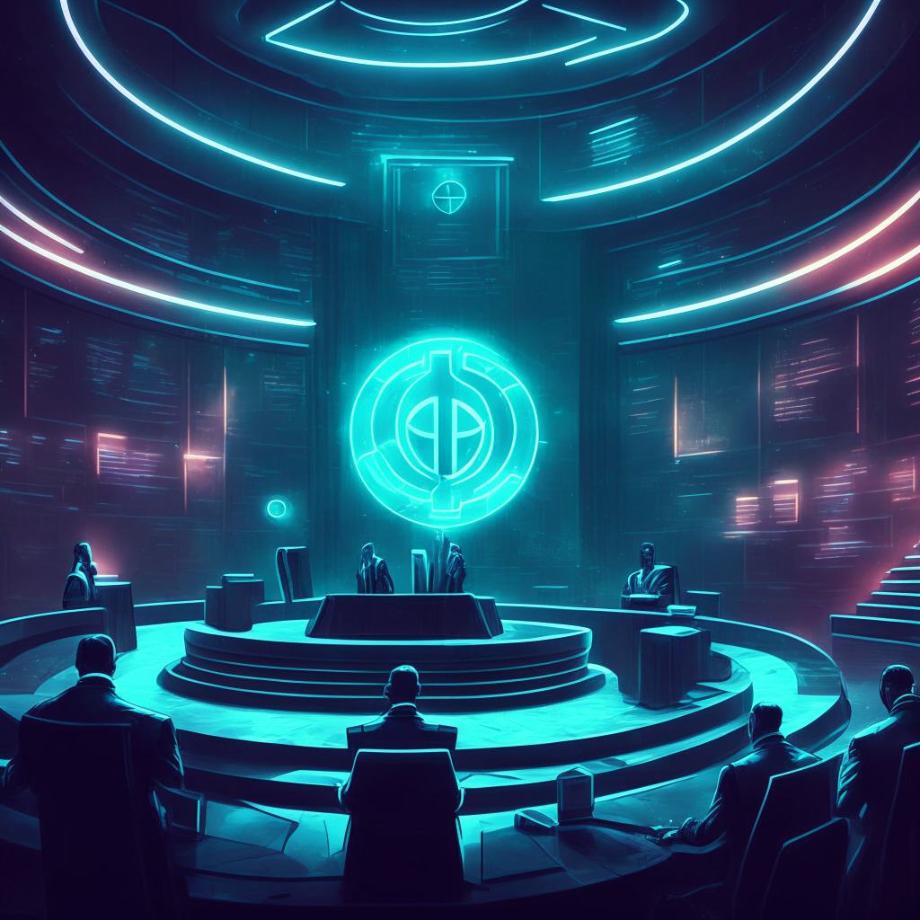 Futuristic courtroom, intense atmosphere, Elon Musk, lawyers in holographic attire, Dogecoin symbol on trial stand, fluctuating Crypto charts in background, hazy, neon courtroom lights, chiaroscuro effect, contrast between hope and uncertainty, high-stakes legal drama, surreal spin on modern crypto controversies. (350 characters)