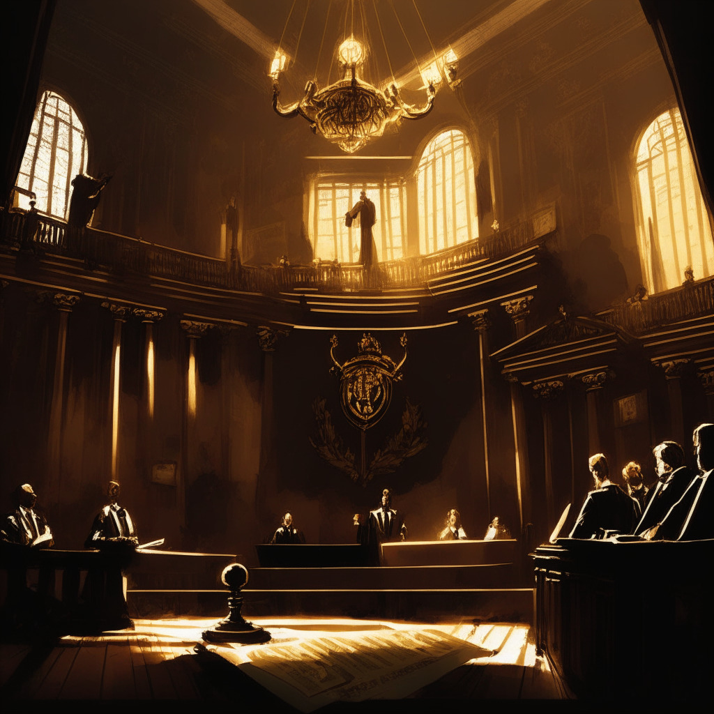 Intricate court scene, SEC officials and Binance.US CEO, tension in air, dimly lit room, Baroque-style painting, spotlight on legal papers, contrasting light and shadow, somber mood, hint of uncertainty, balance scale symbolizing justice, intertwined crypto symbols, global financial map backdrop, innovative and regulatory forces clashing.
