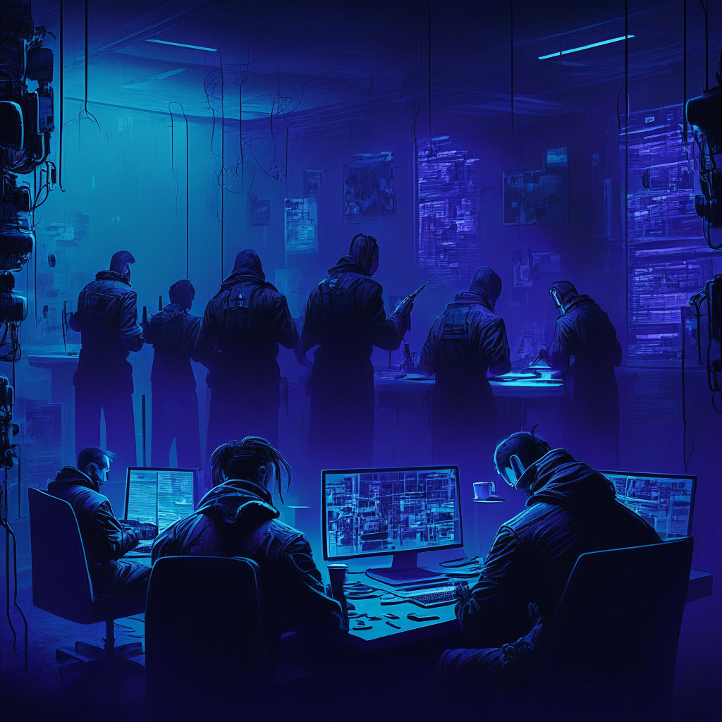 Darknet task force scene, agents from five federal agencies, focused expressions, analyzing digital data, cyberpunk art style, dimly-lit room with high-tech equipment, subtle blue & purple color palette, foreboding atmosphere, sense of pursuing anonymity, balance between innovation & security.