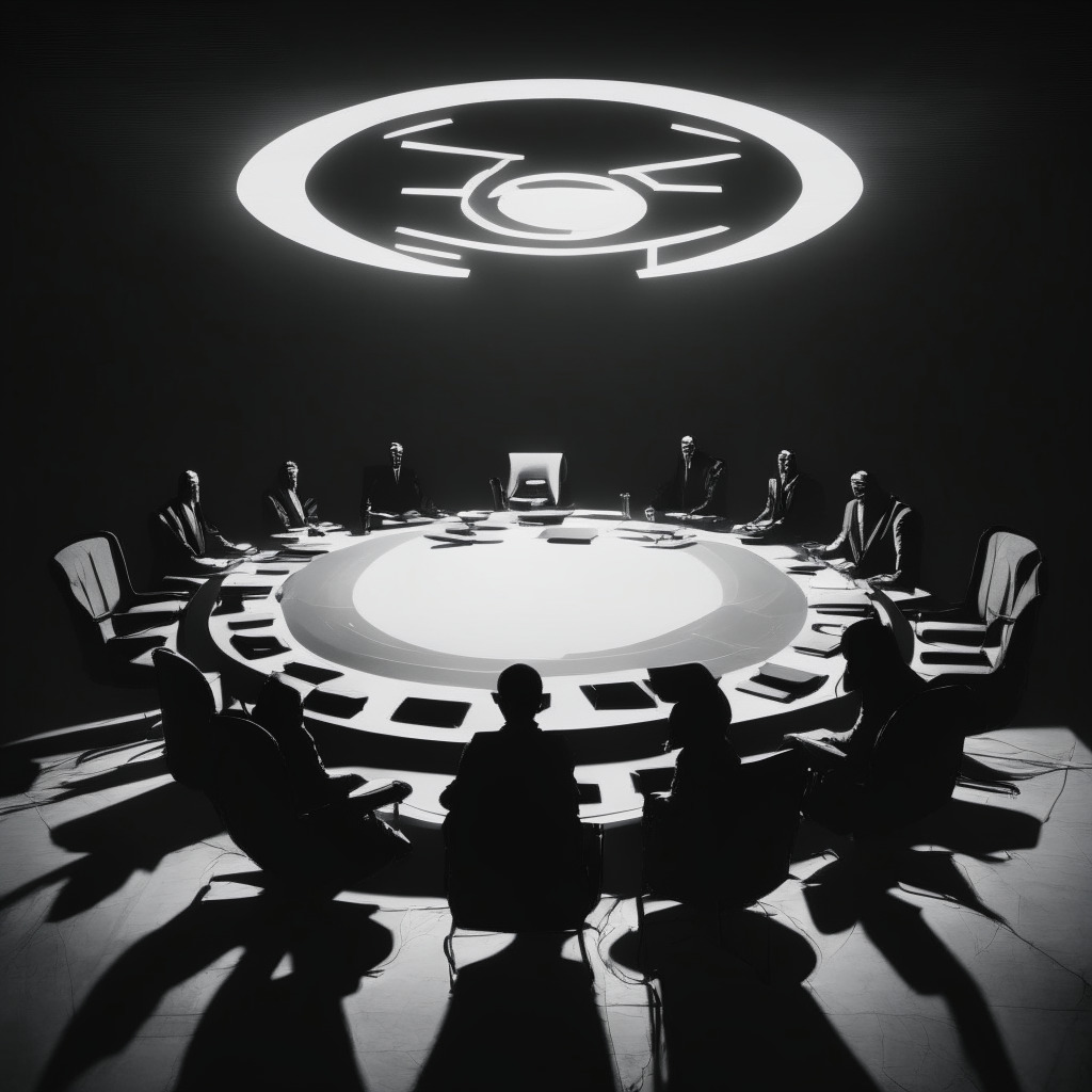 Monochromatic image in noir style, futuristically lit boardroom with shadows. AI-generated avatars at a round table, displaying lively discussion, mirrored in the glossy table. Ether symbol cryptically glowing in the background. Mood: Anticipation and caution.