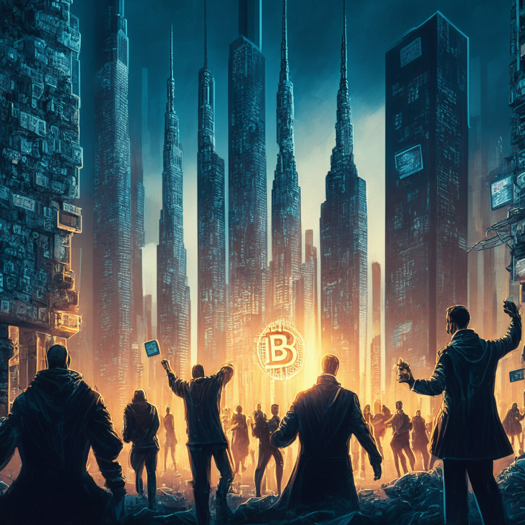 An intricate, chaotic cityscape in twilight hues. Skyscrapers adorned with dollar and Bitcoin logos, the setting symbolizes fluctuating economies. In the foreground, eager employees, wearing futuristic gear, reach towards a glowing Bitcoin, representing their active interest in crypto payment. While in the background, shadowy figures convey regulatory uncertainties.