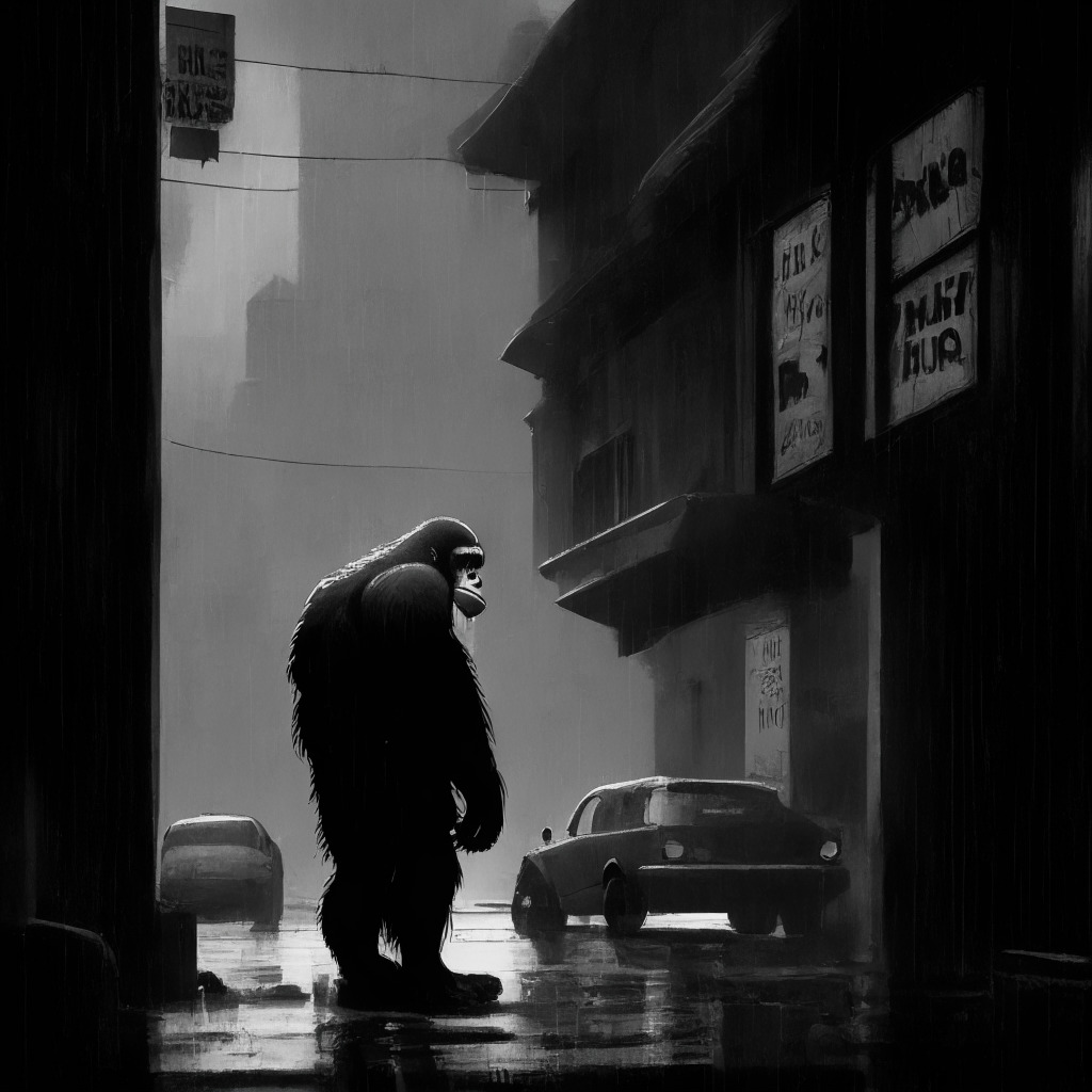 Gloomy urban street scene, a bored ape graffiti artwork, contrasting light-dark ambiance, noir art style, foggy atmosphere, a struggling investment sign, incorporating depression-era esthetics, subtle hint of uncertainty, onlookers contemplating a risky investment. (350 characters)