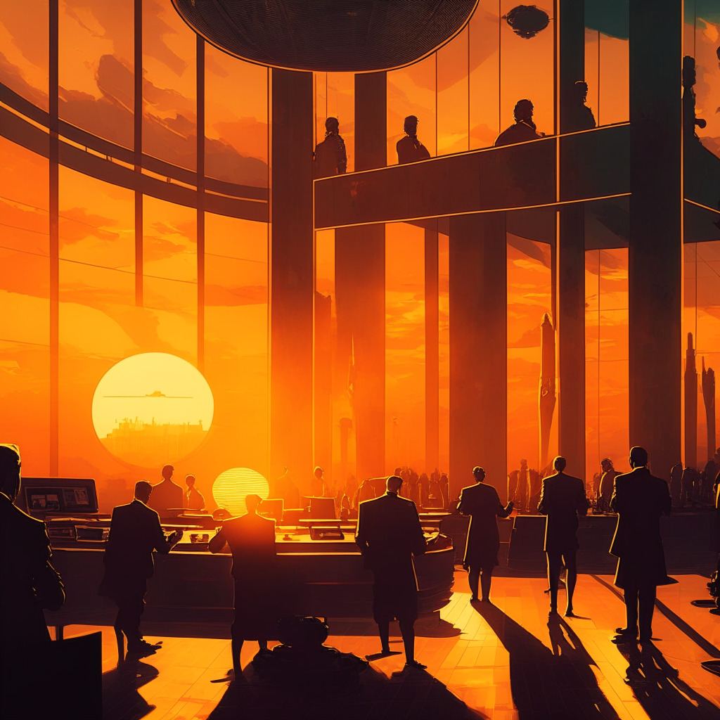 Sunset over crypto trading floor, juxtaposing classic art and futuristic tech, warm golden glow casts long shadows, somber mood amidst legal uncertainty, individuals analyzing screens displaying elegantly tokenized securities, balance and adaptation implied.