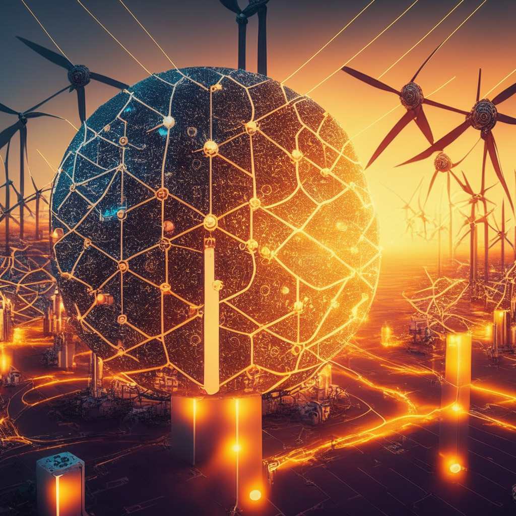 Intricate renewable energy grid, Polkadot integration, futuristic-style, cyberpunk aesthetic, golden hour lighting, vibrant energy flow, interconnected worker nodes, empowering mood, large-scale energy companies exploring solutions, electric vehicle and appliance integration, subtle bitcoin mining elements.