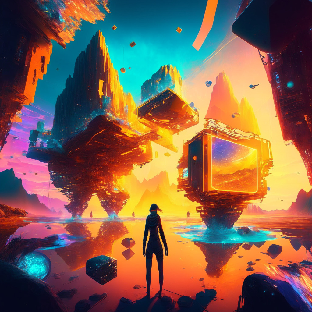 A vibrant digital world, diverse NFTs floating in an interconnected matrix, gamers immersed in augmented & virtual reality, Web3 ecosystem pulsating with creativity, warm golden light illuminating futuristic landscape, strong sense of innovation & digital ownership, mood of exploration & excitement.