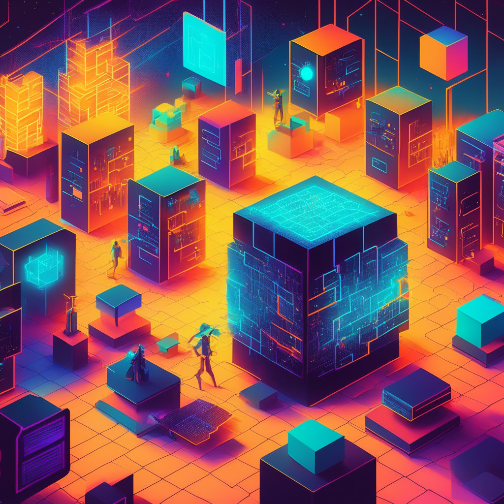 Blockchain realm scene, glowing interconnected blocks, vibrant earthy color palette, low-angle sunset lighting, geometric art style, a diverse group of developers with workstations, engaged, motivated mood, chalkboard with essential blockchain terminology, collaborative atmosphere, bookshelf with learning resources, Web3 tools on holographic display.
