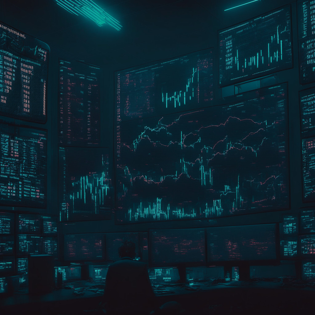 Dimly lit, futuristic stock market, multiple screens displaying crypto charts, intense focus on Bitcoin ETFs, subtle hint of ether (ETH) in the background, a blend of neo-noir and cyberpunk aesthetics, hovering uncertainty, and anticipation of SEC's decision.