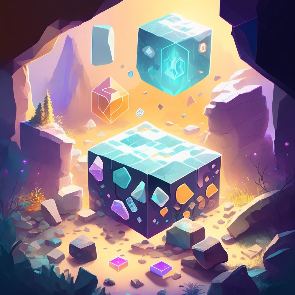 Intricate sci-fi inspired puzzle scene, vivid colors, playful lighting, a player focused on matching color stones, hint of Ethereum symbol, cheerful mood, digital streaks to represent cryptocurrency, subtle ad-overlay depicting the ad-heavy nature, contrasting light and shadow for depth, soft pastel color palette for casual gaming feel.