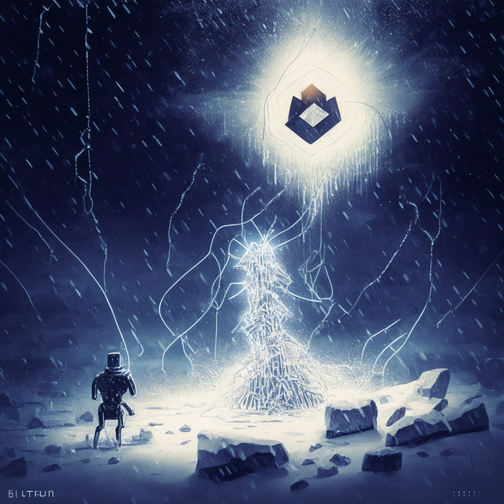 Ethereum bot with $200M flash loan, dimly lit scene, complex moves visible as tangled lines, wintery atmosphere, somber mood, a tiny $3.24 profit symbol shining amidst contrasting background, balance of risk and reward creatively displayed, sense of perseverance in the world of crypto trading.