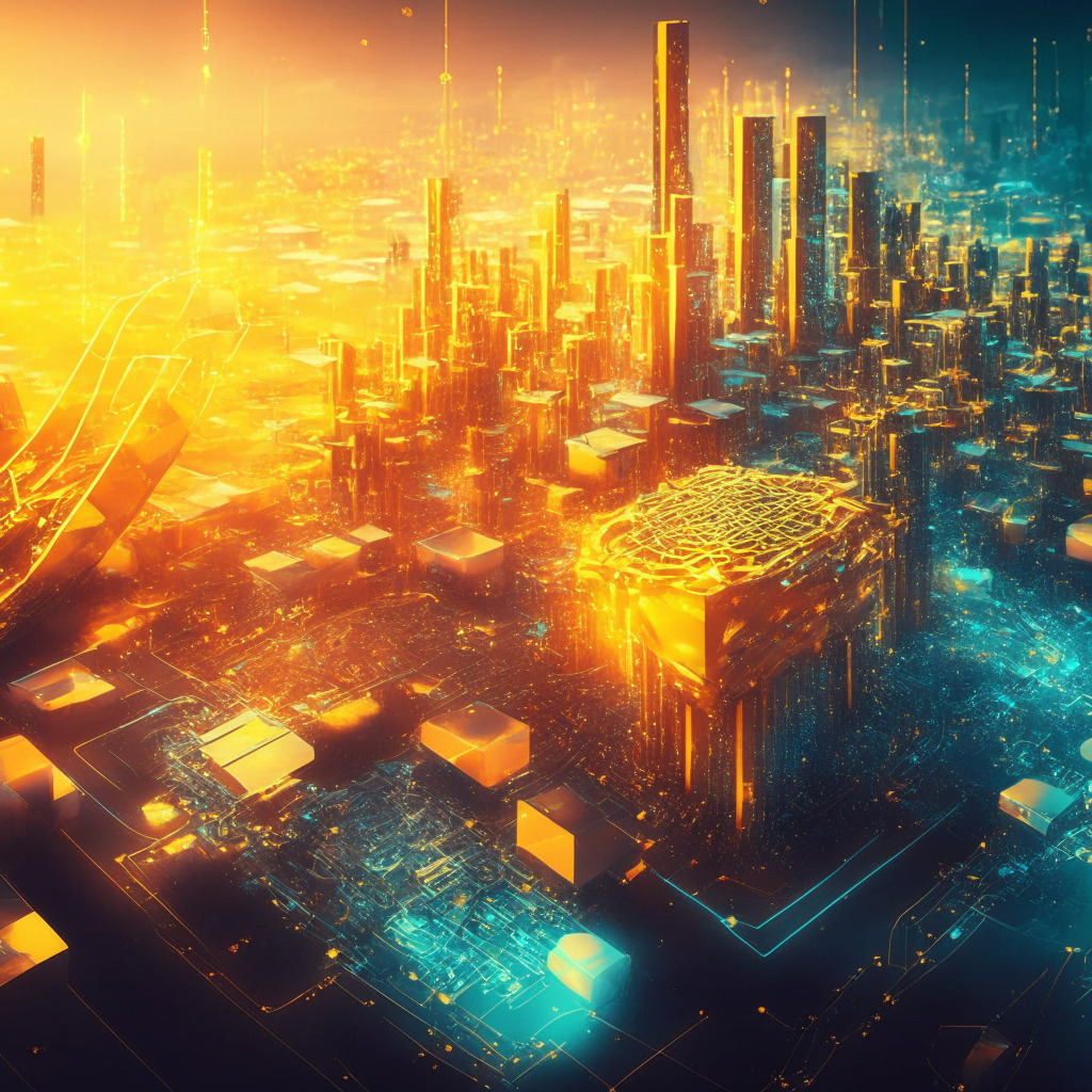 Futuristic blockchain city, zk-rollups, layer-3 hyperchains, Ethereum background, open-source vibe, zero-knowledge proof technology, independence and global connectivity, golden hour lighting, cyberpunk artistic style, shared liquidity network concept, vibrant and innovative mood, seamless trustless network, customization options highlighted, composability and interconnectedness.