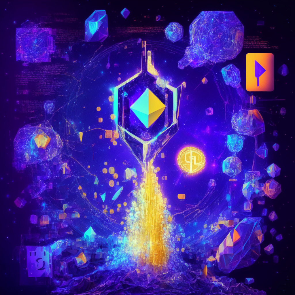 Ethereum blockchain explorer with AI integration, futuristic digital environment, smart contract source codes floating in cyberspace, collaborating researchers, bright vivid colors, chiaroscuro lighting, dynamic composition, air of innovation, curiosity and caution, interplay of AI and blockchain technologies.