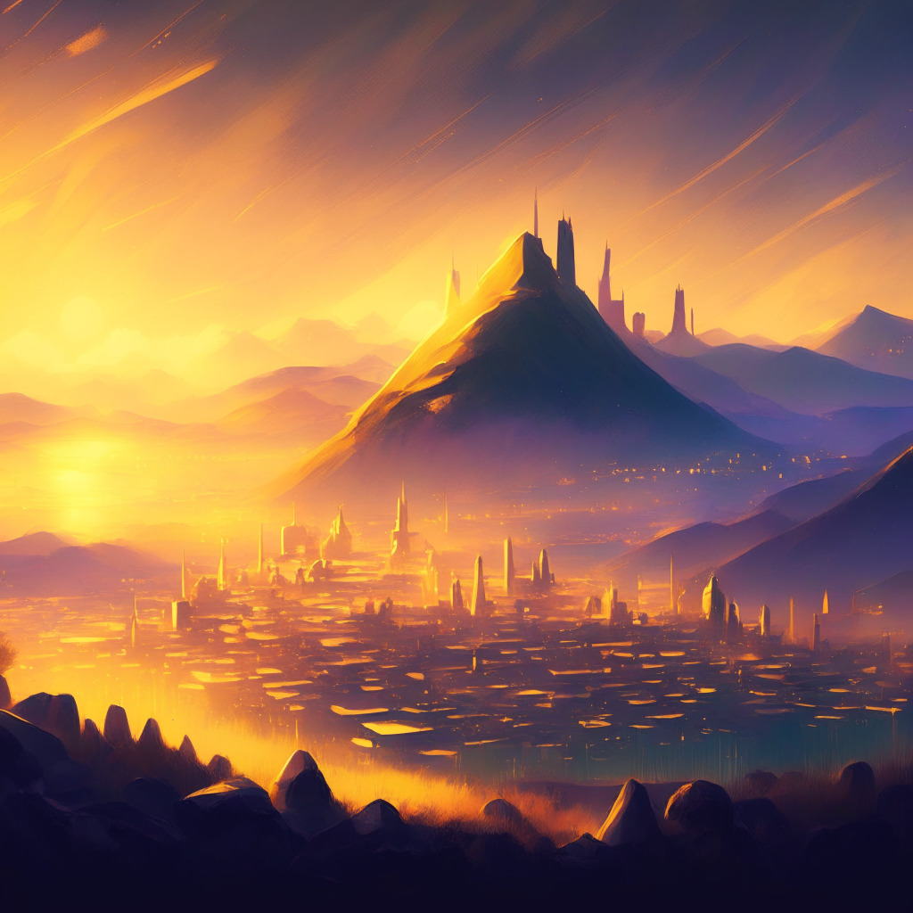 Ethereum landscape at dusk, glowing golden city illuminating its surroundings, background with mountains, DeFi & NFT icons blended into the cityscape, warm light rays dispersing through calm clouds, impressionist style, welcoming and accessible atmosphere. Tranquil & hopeful mood, hint of uncertainty in the distance.
