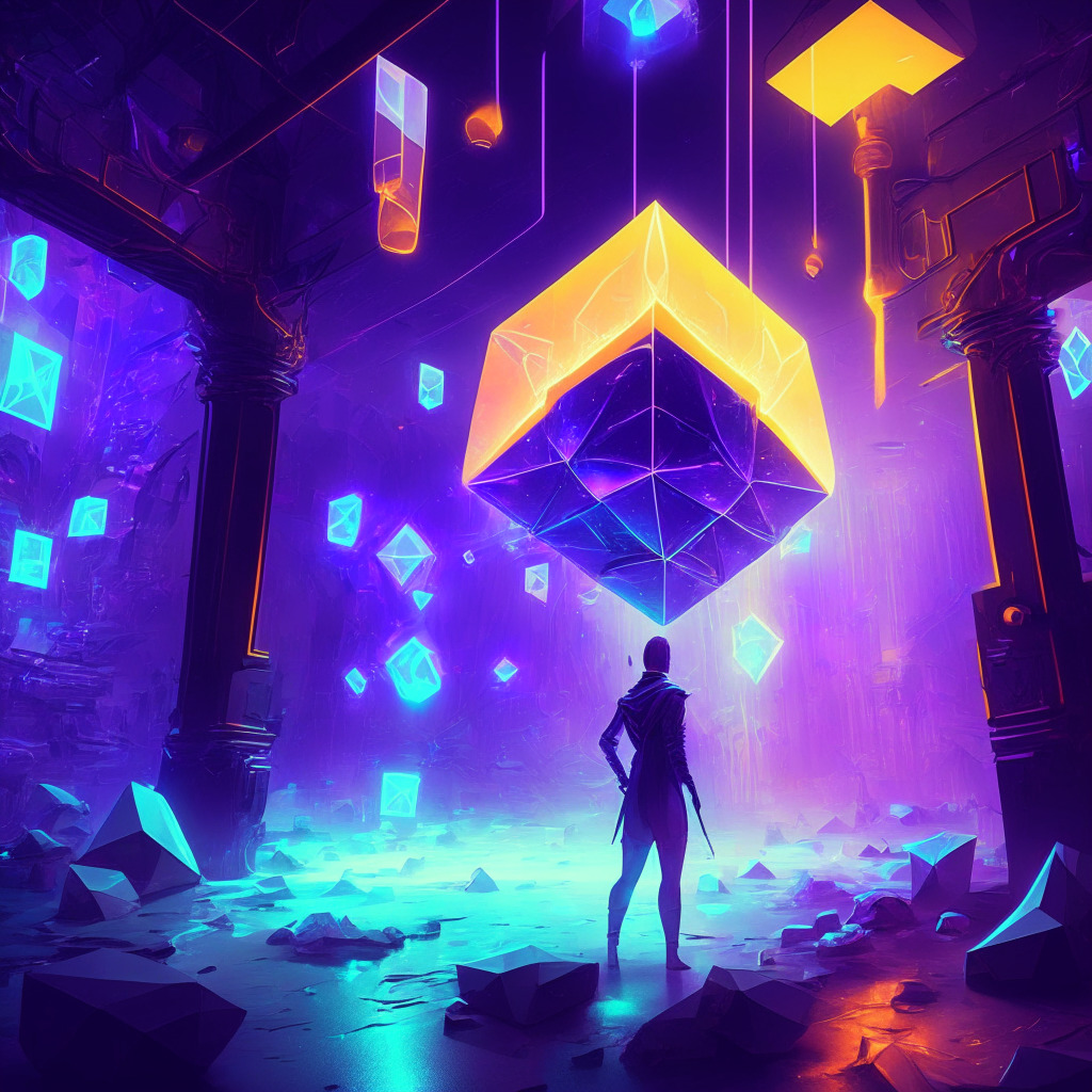 Ethereum improvement proposal scene, NFTs owning assets, smart contracts integration, blockchain gaming and inventory, DAO applications, magical glowing light, dynamic virtual environment, cyberpunk artistic style, vibrant color palette, sense of innovation and limitless potential, futuristic mood.