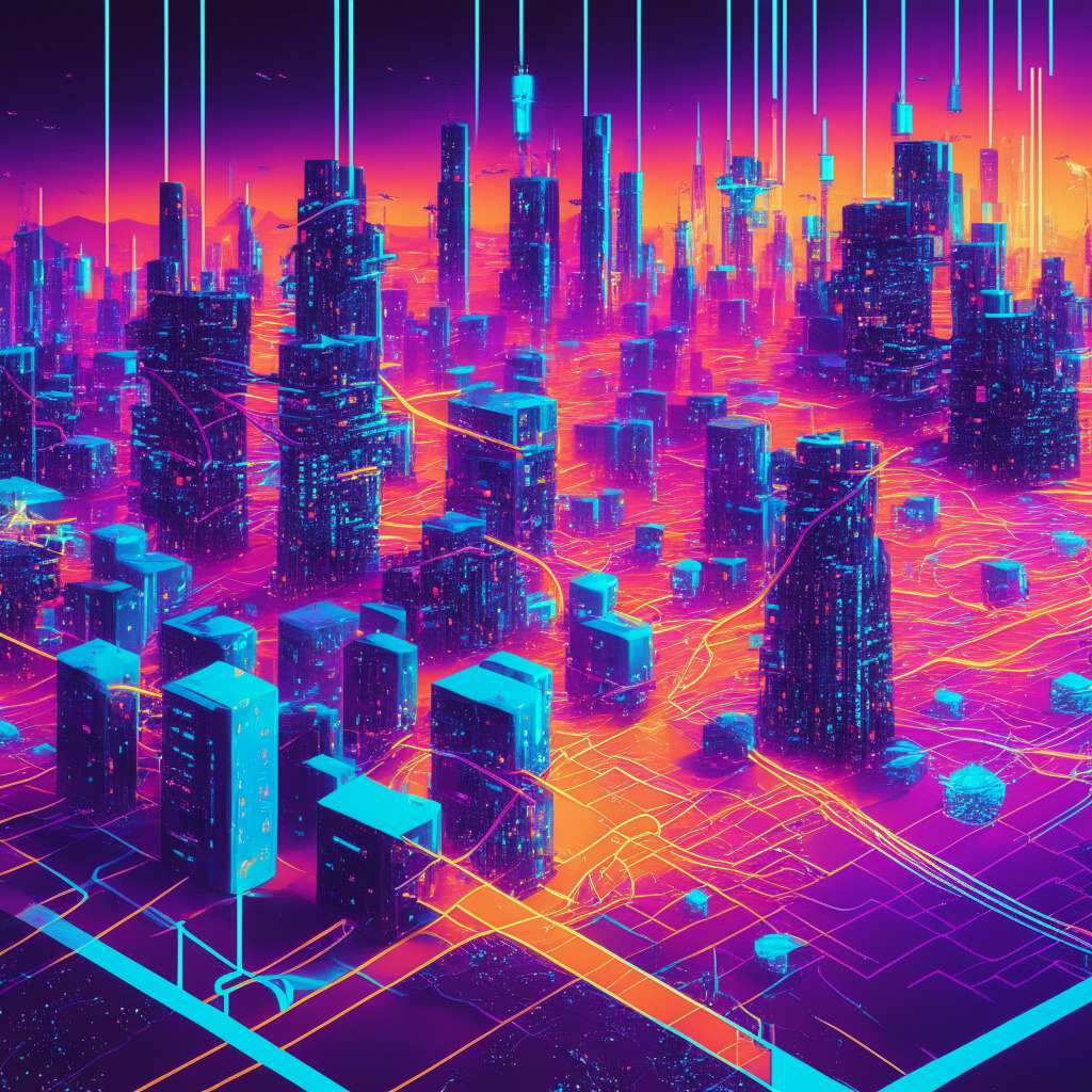 Intricate blockchain cityscape, superchain concept, interconnected mini-blockchains, vibrant neon colors, futuristic optimism, dusk light setting, dynamic energy, enhanced performance, contrast of potential risks, sprawling networks, interconnected pathways, hovering avatars representing users, air of anticipation, balance of innovation and caution.