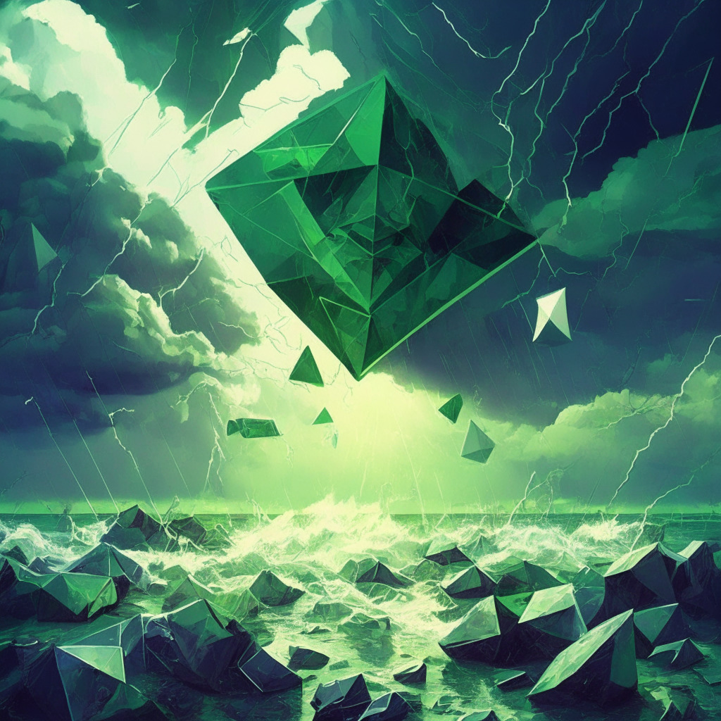 Ethereum price plunge scene, stormy financial landscape, uncertain skies, hopeful sunrays breaking through clouds, subtle polygon art style, contrasts of dark and light, turbulent yet optimistic mood, various altcoins scattered, green energy & recycling elements, hint of future recovery.