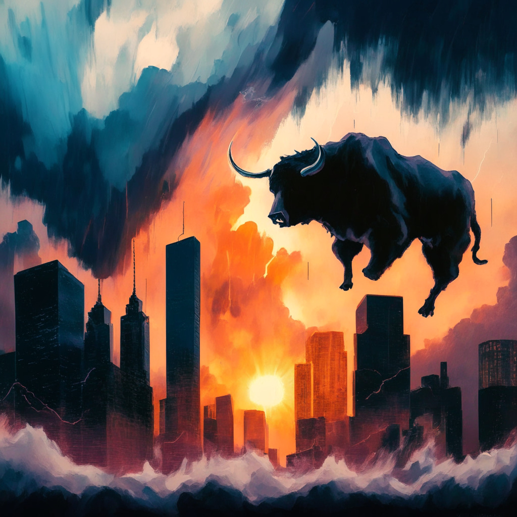 Ethereum price drop, Hinman Emails release, contrasting dusk and dawn light, swirling chaotic clouds above, city skyline with plunging stock market graph, subtle warm-to-cool gradient, bears and bulls fighting, air of uncertainty, mixed emotions of fear and hope, artistic style with textured brushstrokes, overall mood of a temporary turmoil.