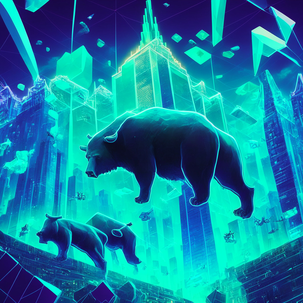 Ethereum price uptrend, FOMC meeting impact, dusk-lit futuristic city, intertwined blockchain, optimistic atmosphere, defying gravity, smart contract dominoes, soft-glow of market resilience, hues of blue and green, tension between bears and bulls, stylized Ethereum coins ascending.