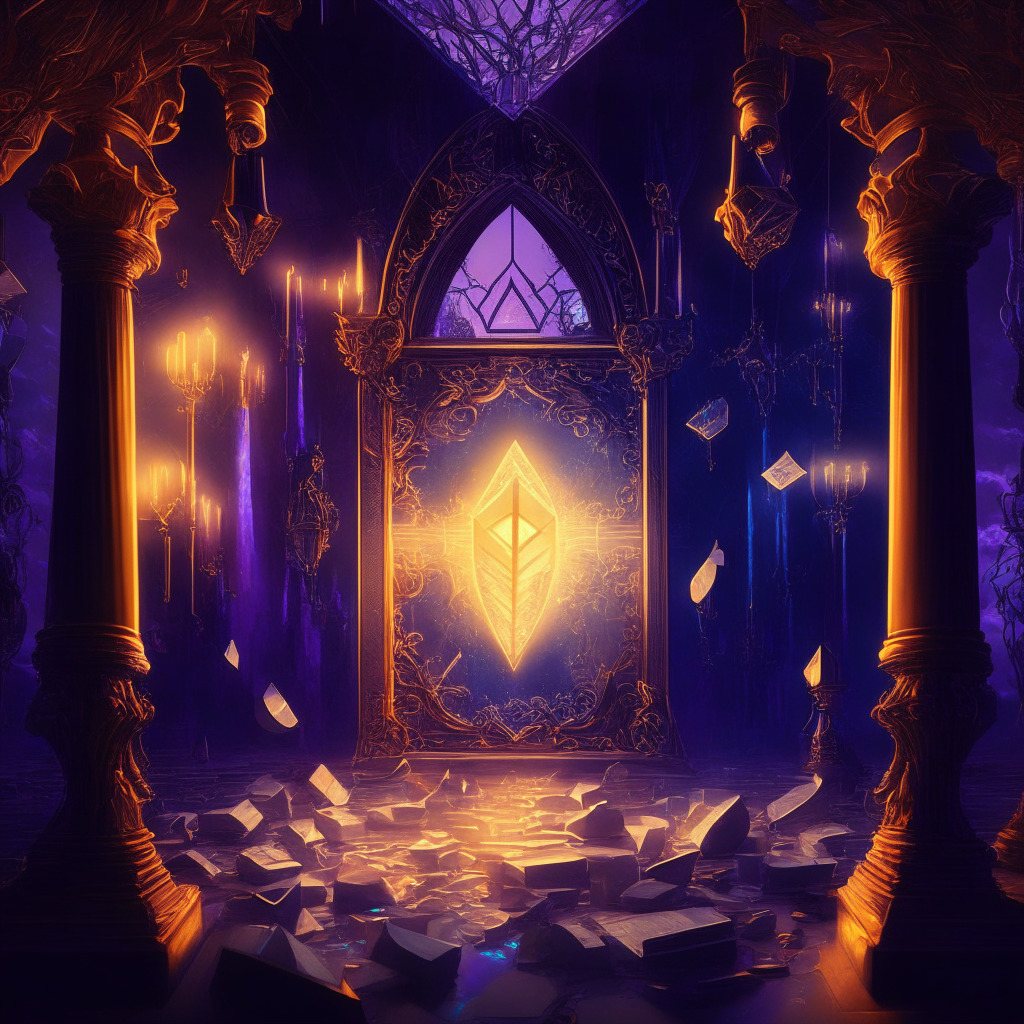 Ethereum restaking scene, twilight glow, Baroque style, vibrant colors, dramatic chiaroscuro lighting, EigenLayer platform, ethereal mood, secure interconnected platforms, high-profile wallets, flourishing network, rays of innovation, duality of competition and growth, intricate monetary elements.