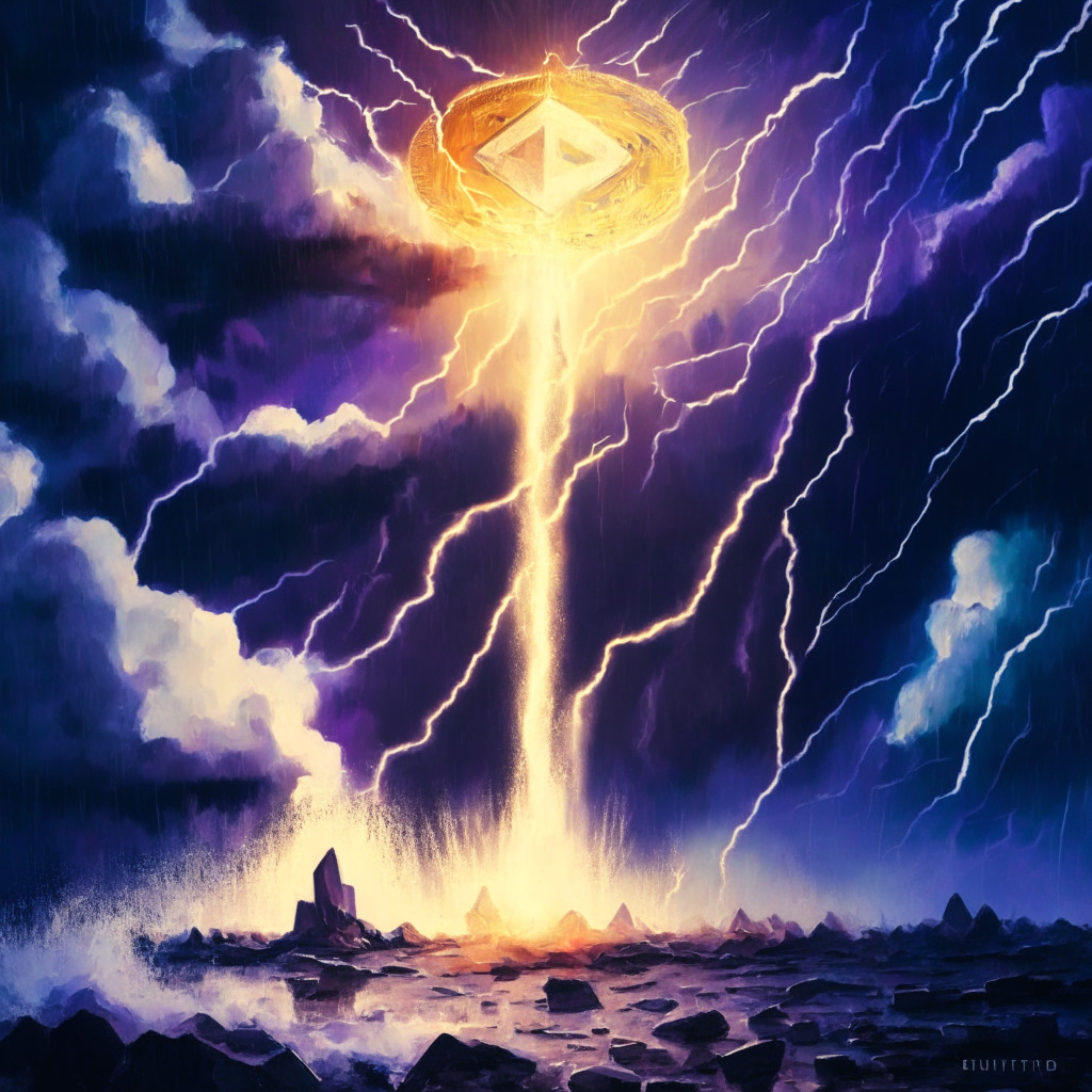 Ethereum staking scene at all-time high, moody sky with US debt ceiling looming, light cast from a rising ETH coin, banks collapsing in the distance, blend of uncertainty and hope, artistic brush strokes highlighting vibrant growth amidst chaos, 5.4% APR beacon shining, a transformative crypto landscape.