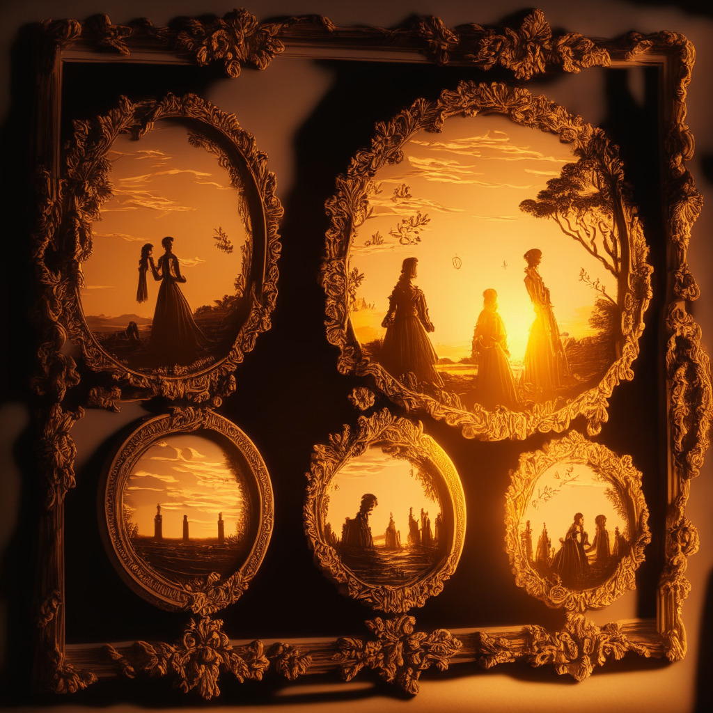Sunset-lit Ethereum tokens shrinking in quantity, Victorian style elegant figures staking and withdrawing tokens, low contrast, Baroque-inspired frame, mood of anticipation & curiosity, intricate engravings representing price predictions, soft glow in the background symbolizing growing demand.