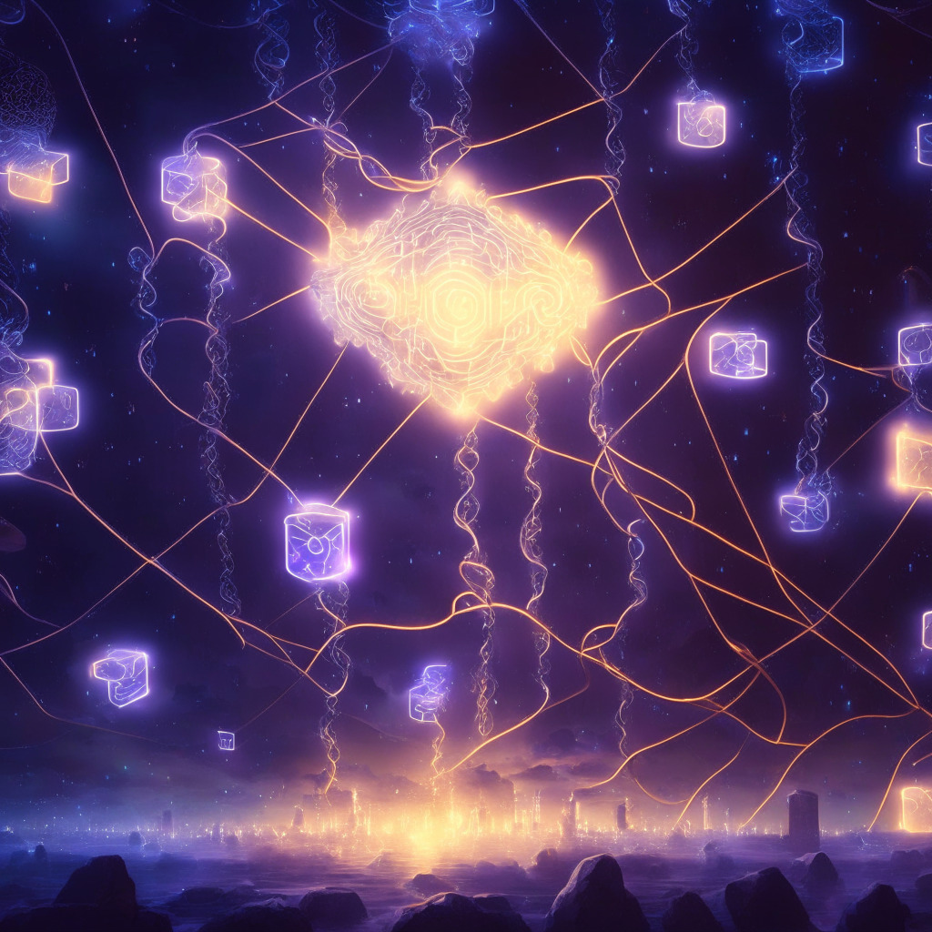 Intricate Ethereum Superchain scene, dusk light setting, baroque-inspired style, multiple interlinked blockchains shimmering in the sky, sense of harmony and power, optimistic mood, users interact in a cohesive environment, gas fees visible as soft embers reducing in size, deposit confirmations materialize with lightning speed.