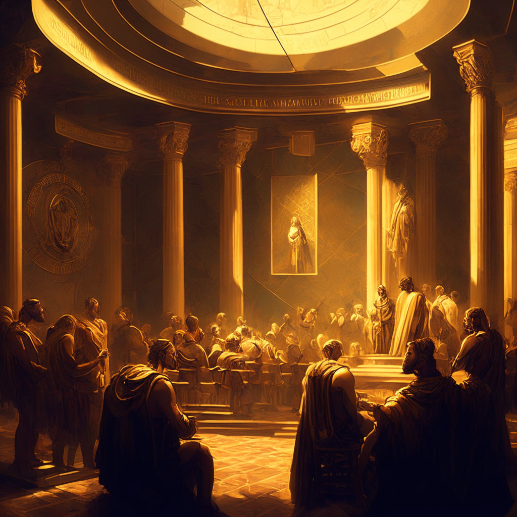 Ethereum validator limit debate scene, Renaissance-style painting, warm lighting, intricate details on validators, nodes, and developers, a grand conference filled with passionate discussion, subtle tension in the atmosphere, contrast of growth and security concerns, dominant bronze and gold hues, the weight of decision-making, air of seriousness, unity toward a scalable future.