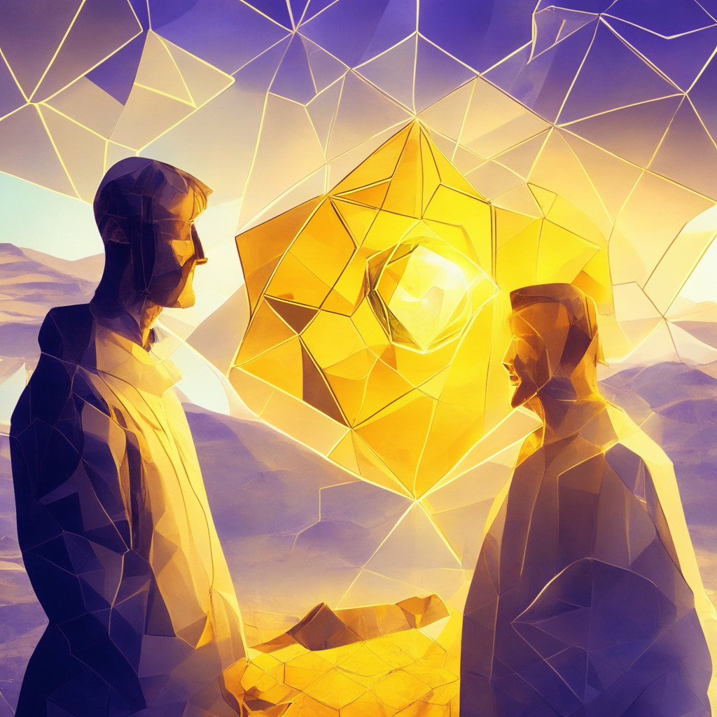Ethereum, Polygon co-founders unite for Covid research, blockchain's humanitarian potential, warm golden light highlighting collaboration, holographic earth background, a 21st-century medical research lab, subtle hopefulness in facial expressions, unmistakably progressive atmosphere, researchers studying long Covid, air filtration systems, contribution to global well-being.