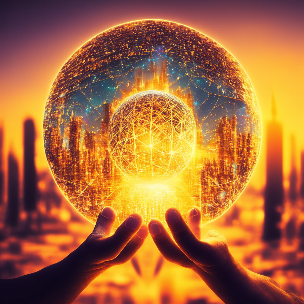 Mystical blockchain world meets traditional web, golden-hued sunset illuminating futuristic cityscape, intertwined URLs showcasing .box & .eth domains, user's hand reaching from glowing Web3 sphere towards vibrant Earth, aura of innovative integration, cautiously optimistic mood.