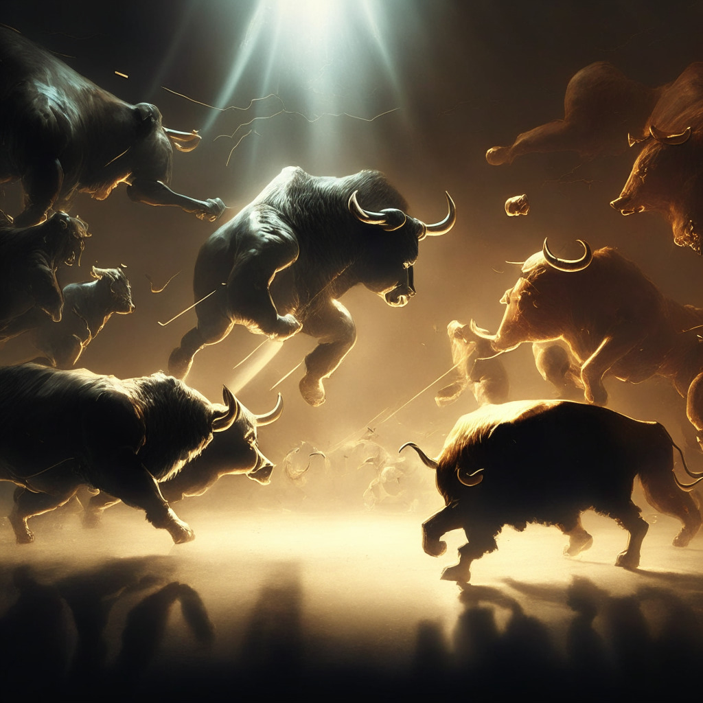 Ethereum battle scene, bulls vs bears, hovering around $1,850, light reflecting off golden coins, chiaroscuro lighting, baroque style, intense struggle, contrasting shadows, mood of tension and anticipation, ETH resistance barrier, potential upswing, attractive buying opportunity, tug of war, market uncertainty.