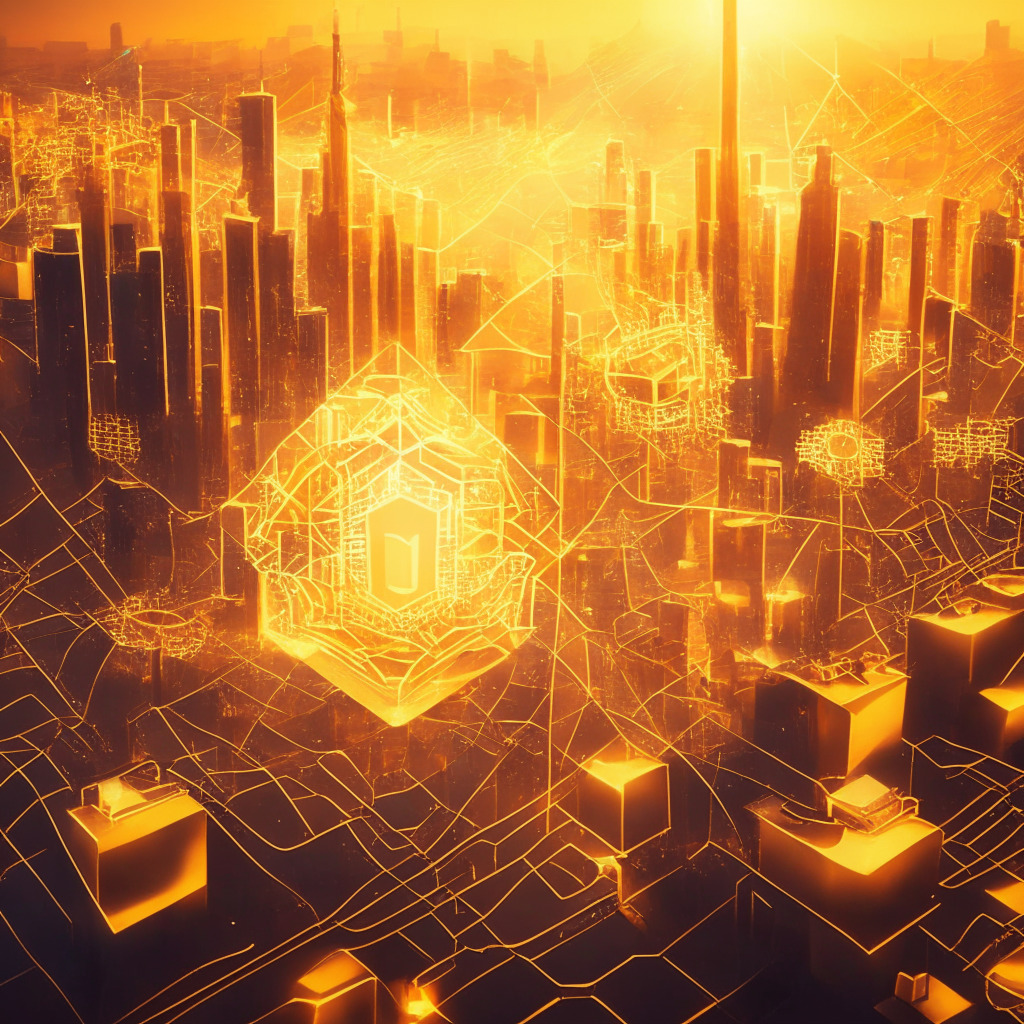 Ethereum network's Dencun upgrade, intricate circuitry patterns, futuristic digital cityscape, innovation & transformation, golden hour sunlight, warm color palette, mood of optimism & progress, blockchain scaling, ethereal glow, abundant data storage, interconnected nodes. (313 characters)
